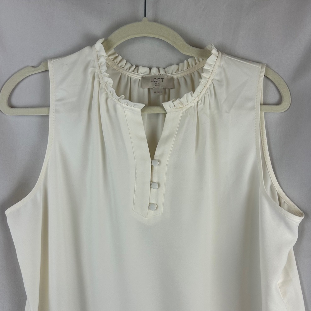 Loft Outlet Women Cream Ruffle Neck Sleeveless Blouse LP White Button Front - Picture 3 of 7